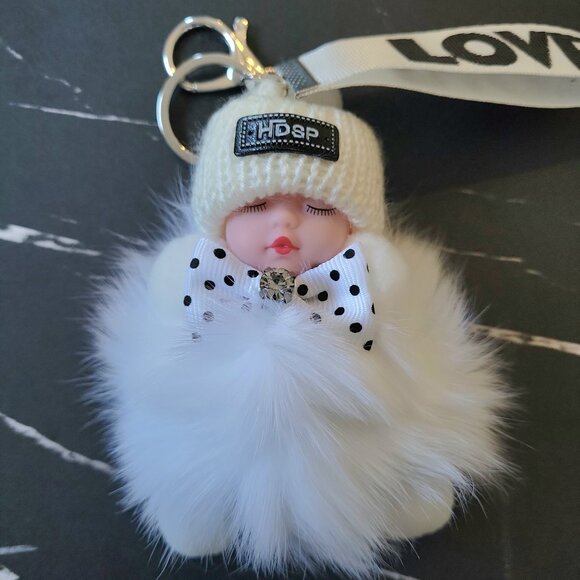 Adorable Sleeping Baby White Pom Pom Keychain  Cute Gift Bag Charm - Picture 4 of 5